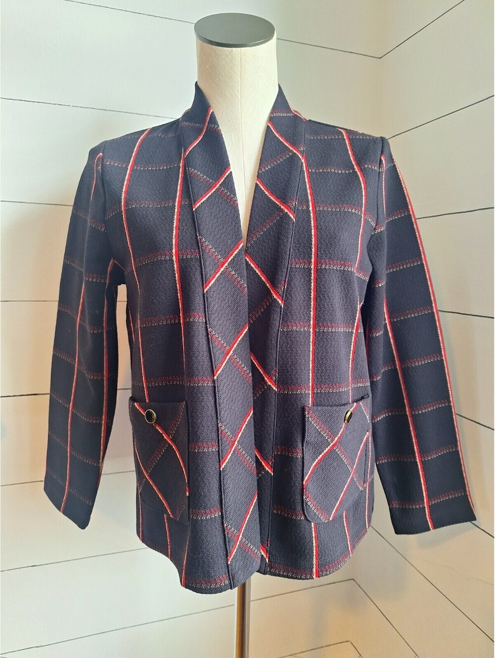 Ann Taylor Loft Outlet Open Front Cardigan  Plaid Blazer Sz Small Blue/Red